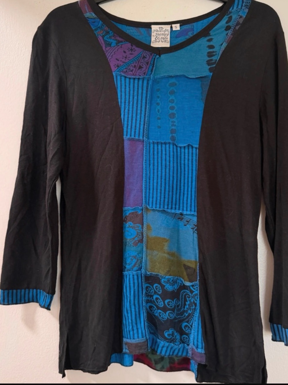 Parsley & Sage Women’s Small Black Blue Purple Patchwork Artsy Tunic Top